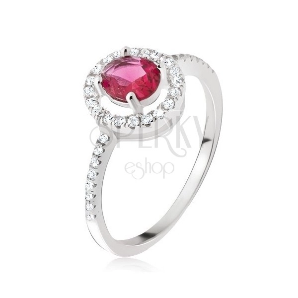 Silver ring 925 - round pink-red zircon, clear border
