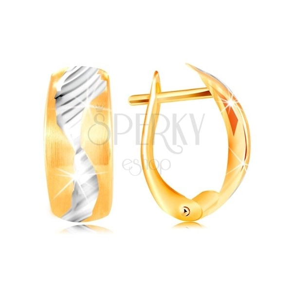 Earrings made of 14K gold - matt arc decorated with a small wave made of white gold
