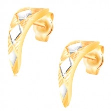 Gold 14K earrings - shiny narrowed arc with rhombuses in white gold