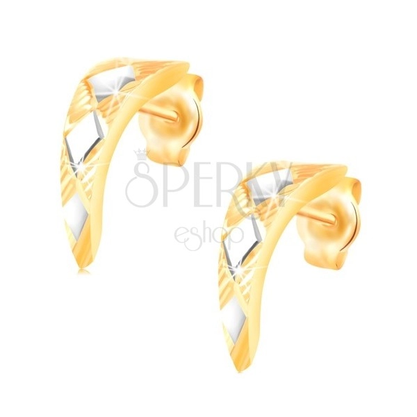 Gold 14K earrings - shiny narrowed arc with rhombuses in white gold