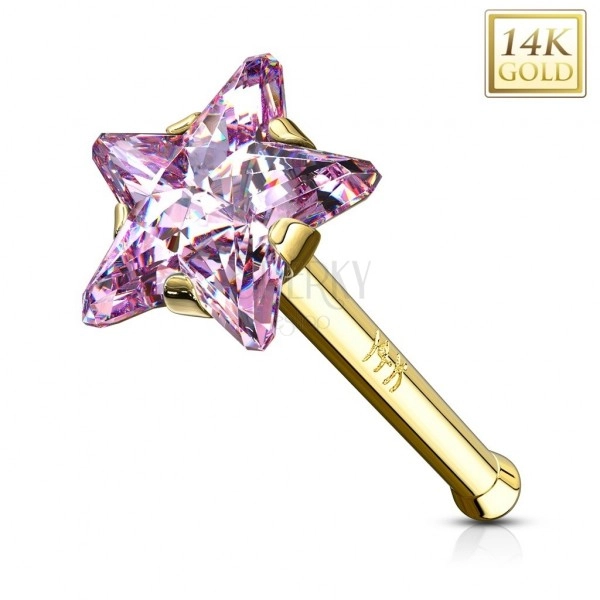 Nose piercing in 585 yellow gold - pink zircon star, straight shape