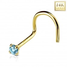 Curved nose piercing in 14K yellow gold, round light blue zircon, 2 mm