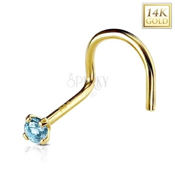 Curved nose piercing in 14K yellow gold, round light blue zircon, 2 mm
