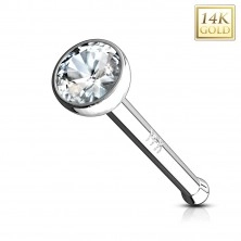 Nose piercing in 14K white gold - straight shape, clear zircon in a mount, 2 mm
