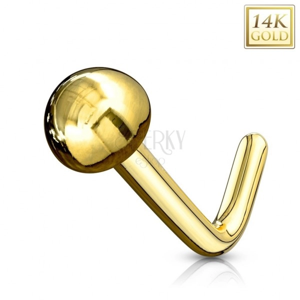 14K gold curved nose piercing - shiny smooth half-ball, yellow gold