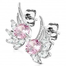 316L steel earrings, shiny angel wing made of zircons, stud closure