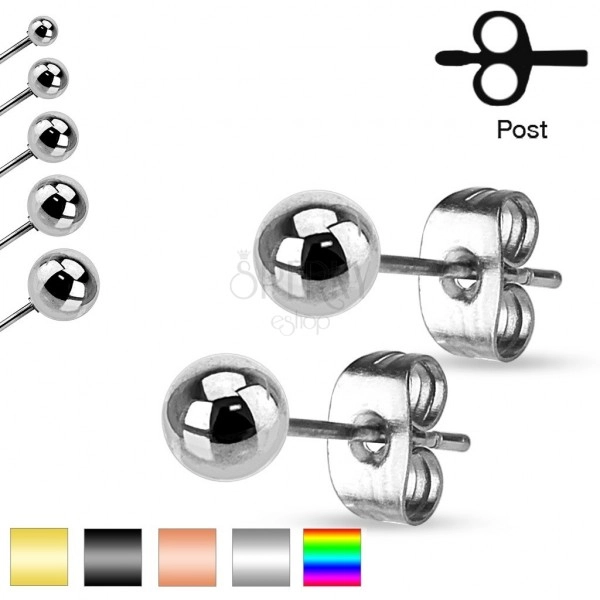Steel earrings, balls with shiny smooth surface, 3 mm