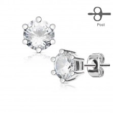 Earrings made of stainless steel in silver colour, a round clear zircon in a mount