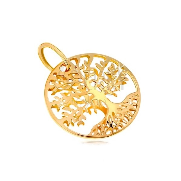 Yellow 585 gold pendant - circle with engraved tree of life