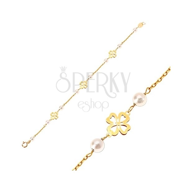 Child yellow 14K gold bracelet - white round pearls and fourleaf clovers for luck