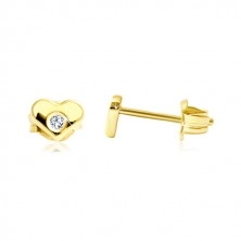 Yellow 14K gold earrings - symmetric heart with clear zircon