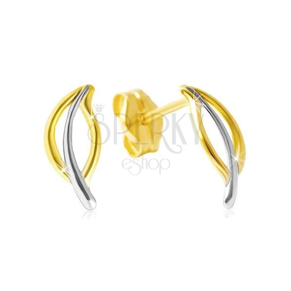 Yellow 585 gold earrings - two-colour contour of leaf, studs