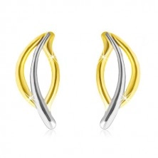 Yellow 585 gold earrings - two-colour contour of leaf, studs