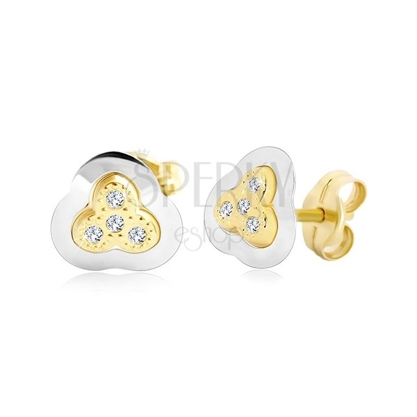 Earrings in 14K gold – three-leaf clover in two colours with embedded zircons