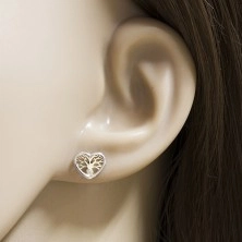 Earrings made of 585 gold - heart in two colours with tree of life and zircon