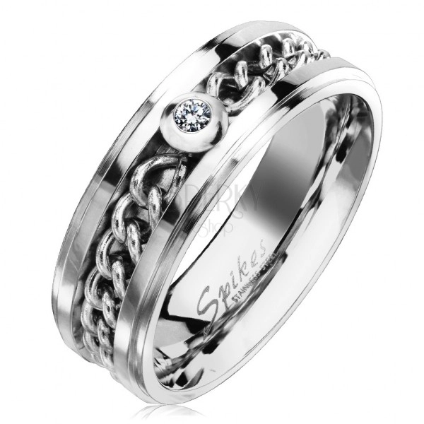 Steel ring in silver finish with chain and clear zircon, 7 mm