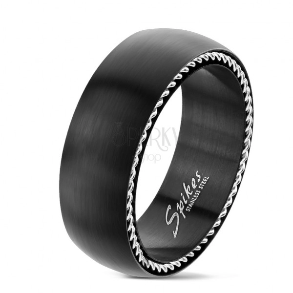 Stainless steel ring with spirals on the sides, matte black, 8 mm