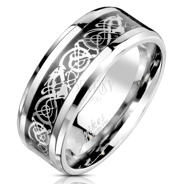 Steel band with ornamental motif in silver and black colour, 8 mm