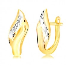 14K gold earrings - leaf with decorative cut line made of withe gold