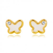 Yellow 14K gold stud earrings – butterfly with natural mother-of-pearl and zircon
