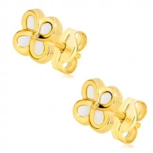 Yellow 14K gold earrings – flower with four petals and mother-of-pearl, studs