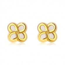 Yellow 14K gold earrings – flower with four petals and mother-of-pearl, studs