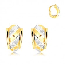 585 gold earrings – an asymmetric matte arch with two-colour strips and lattice