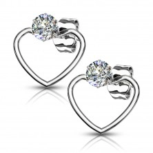 Earrings made of stainless steel - heart contour with an embedded zircon, studs