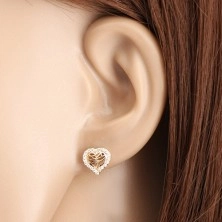 Studs of yellow 585 gold - heart contour with zircons, notches