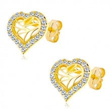 Studs of yellow 585 gold - heart contour with zircons, notches