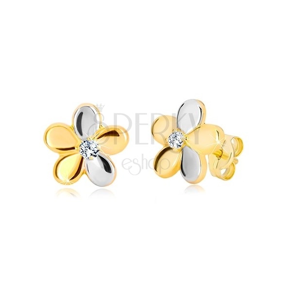 Combined 585 gold earrings - glossy two-colour flower, zircon