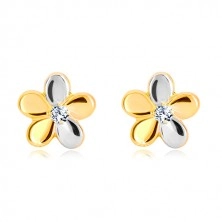 Combined 585 gold earrings - glossy two-colour flower, zircon