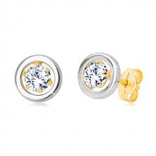 Earrings made of 14K gold - round zircon in mount and circle of white gold