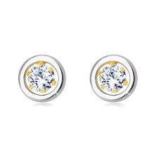 Earrings made of 14K gold - round zircon in mount and circle of white gold