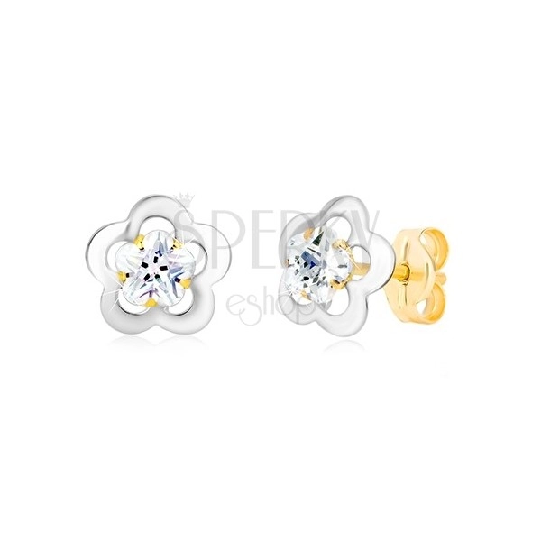 Earrings made of 585 gold - flower contour of white gold, cut zircon