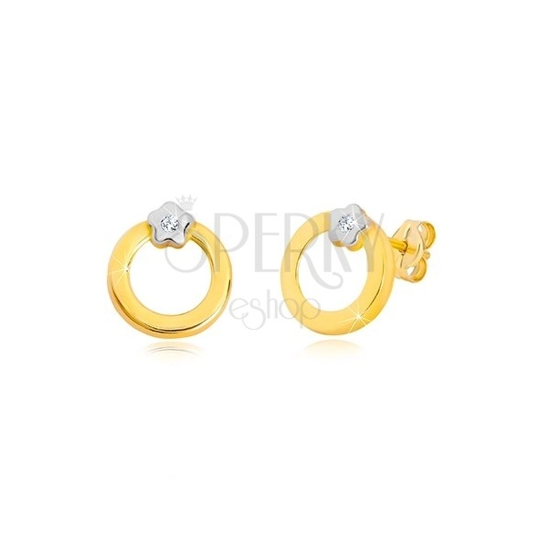 Stud 14K gold earrings - circle with flower in white gold, zircon