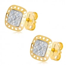Earrings made of combined 585 gold - two-colour square with zircons