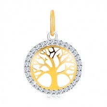 Combined 14K gold pendant - circle of  life tree, glittery zircons
