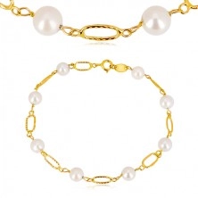 585 gold bracelet - white rounded pearls, oval rings with notches