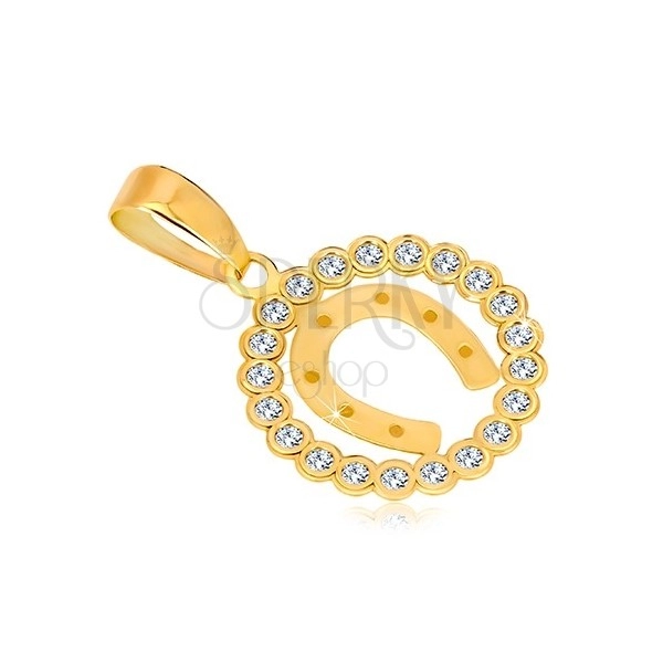 Yellow 14K gold pendant - zircon circle and horse-shoe for hapiness 