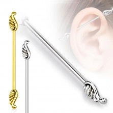 Stainless steel ear piercing - longer barbell finished with wings, 1,6 mm