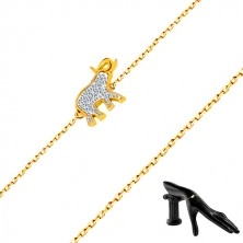 Bracelet of 14K gold - elephant with glittery zircons, fine glossy chain