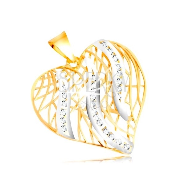 14K gold pendant - contour of heart, flames of white gold with zircons