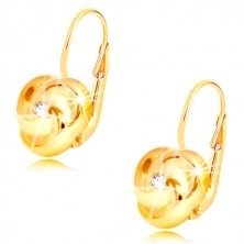 Earring of yellow 14K gold - three spirally bent petals, round zircon