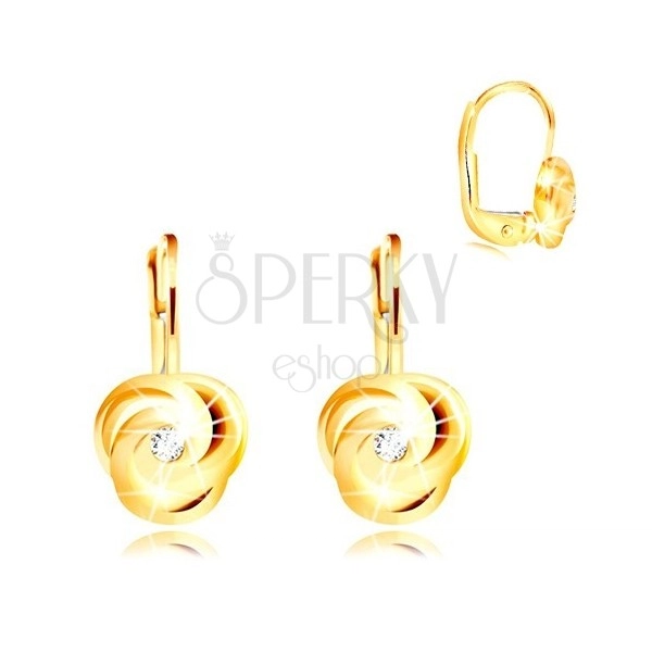 Earring of yellow 14K gold - three spirally bent petals, round zircon