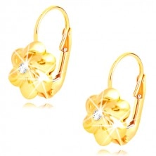 585 gold earrings - flower with six round petals, clear zircon in the centre