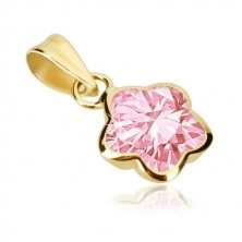 9K gold pendant - flower with five rounded petals, pink zircon