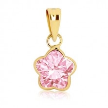 9K gold pendant - flower with five rounded petals, pink zircon