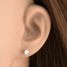 White 9K gold earrings - clear glittery zircon in mount, 4 mm