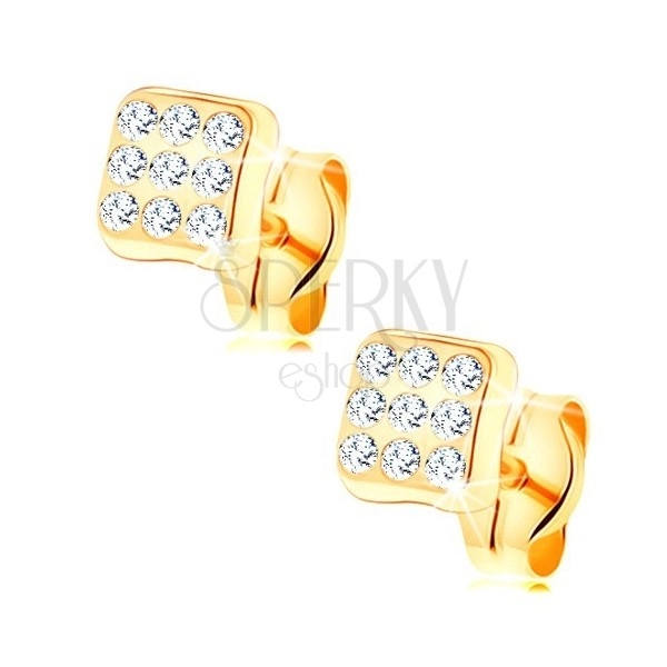 9K gold earrings - square with rounded edges, tiny clear zircons
